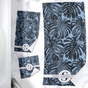 Tropical Dark Blue Palm Leaves Monogram Name Bath Towel Set