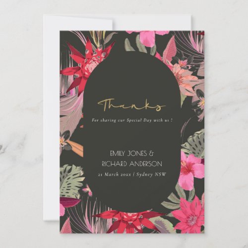 Tropical Dark Boho Red Pink Floral Wedding Thank You Card