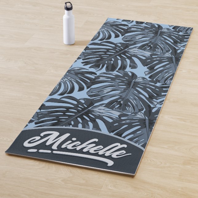 Tropical Dark Gray Blue Jungle Leaves Name Yoga Mat (In Situ)