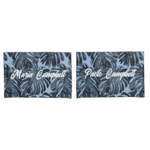 Tropical Dark Gray Blue Leaves Couple Names Pillow Case