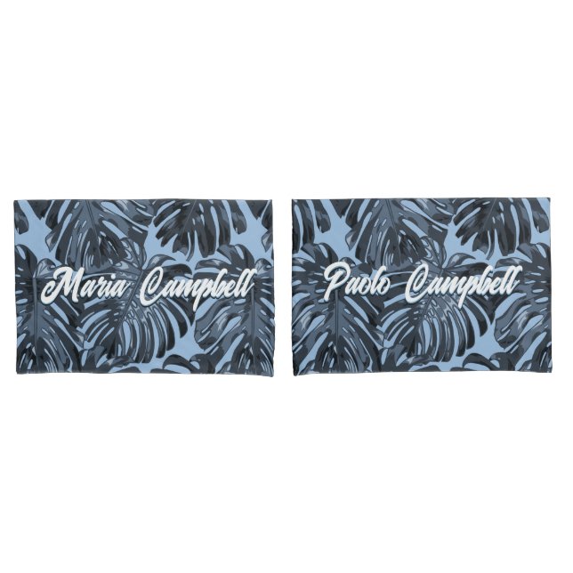 Tropical Dark Gray Blue Leaves Couple Names Pillow Case (Front-Set)
