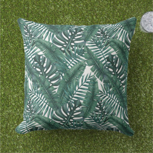 Tropical Dark Green Palm Leaf Pattern Outdoor Pillow