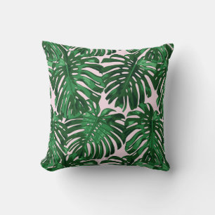 Tropical Dark Green Pink Jungle Leaves Throw Pillow