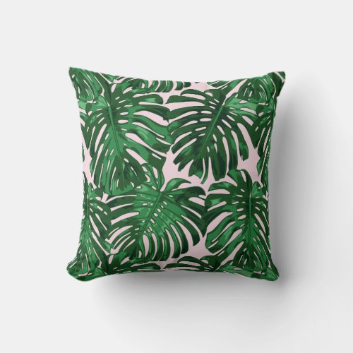 Tropical Dark Green Pink Jungle Leaves Throw Pillow