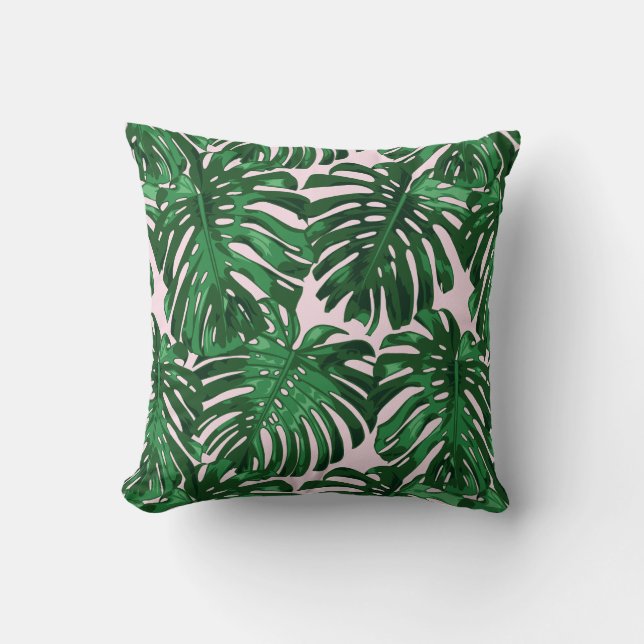 Tropical Dark Green Pink Jungle Leaves Throw Pillow (Front)