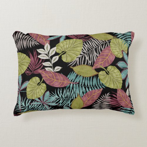 Tropical Dark Leaves Textile Pattern Design Accent Pillow