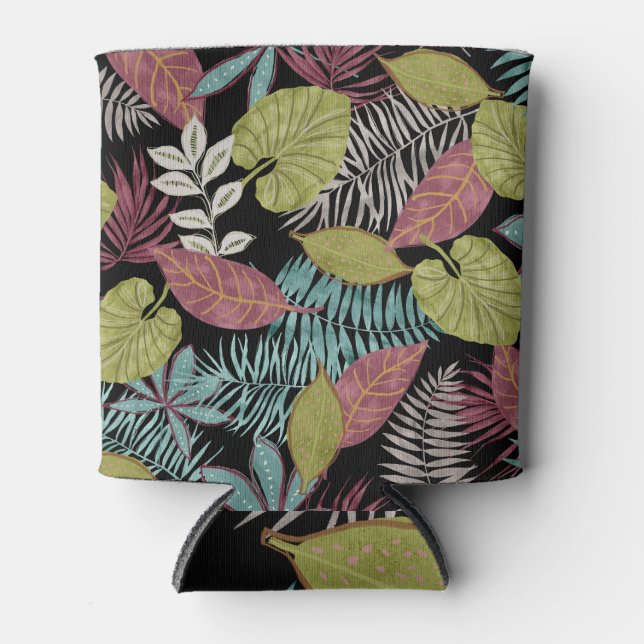 Tropical Dark Leaves: Textile Pattern Design Can Cooler (Front)