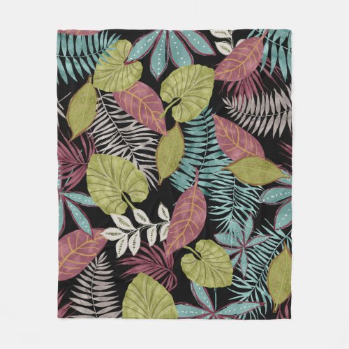 Tropical Dark Leaves Textile Pattern Design Fleece Blanket