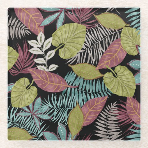 Tropical Dark Leaves Textile Pattern Design Glass Coaster