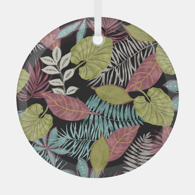 Tropical Dark Leaves: Textile Pattern Design Glass Ornament (Front)