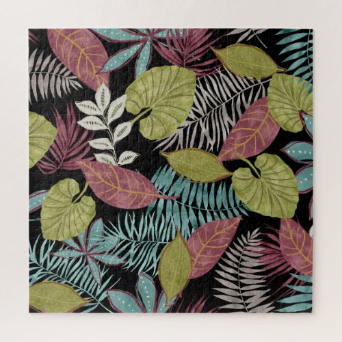 Tropical Dark Leaves Textile Pattern Design Jigsaw Puzzle