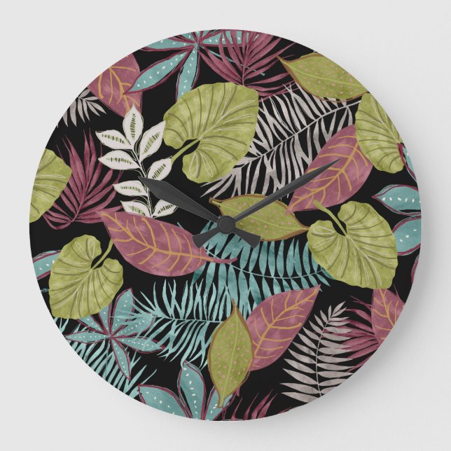 Tropical Dark Leaves: Textile Pattern Design Large Clock (Front)