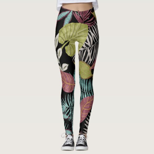Tropical Dark Leaves Textile Pattern Design Leggings