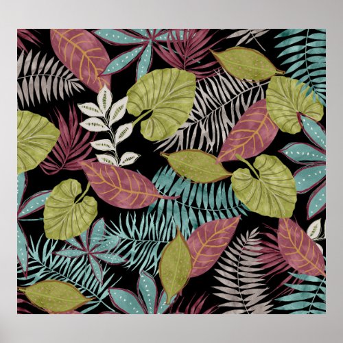 Tropical Dark Leaves Textile Pattern Design Poster