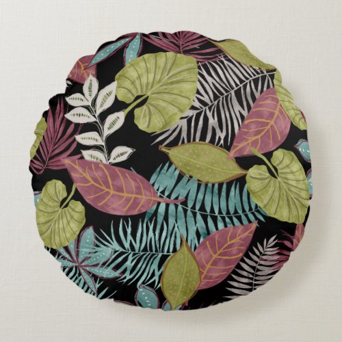 Tropical Dark Leaves Textile Pattern Design Round Pillow