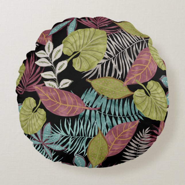 Tropical Dark Leaves: Textile Pattern Design Round Pillow (Front)