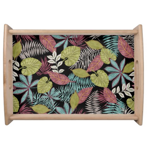 Tropical Dark Leaves Textile Pattern Design Serving Tray