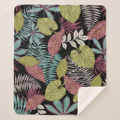 Tropical Dark Leaves Textile Pattern Design Sherpa Blanket