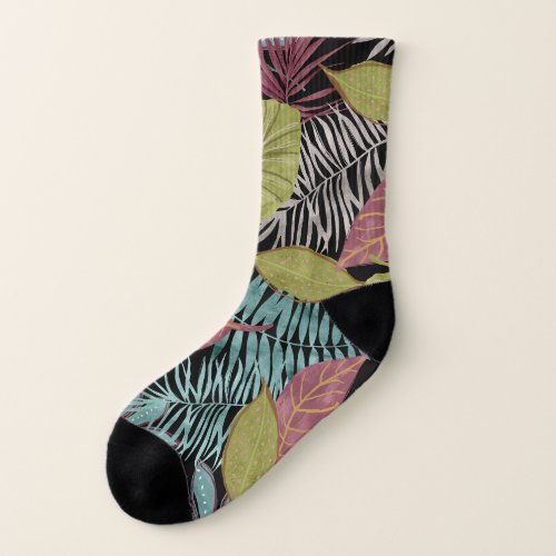 Tropical Dark Leaves Textile Pattern Design Socks