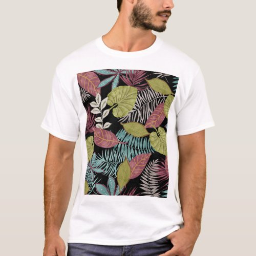 Tropical Dark Leaves Textile Pattern Design T_Shirt