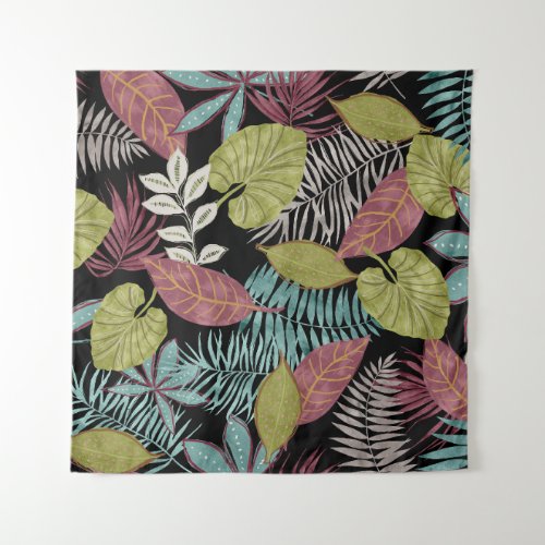 Tropical Dark Leaves Textile Pattern Design Tapestry