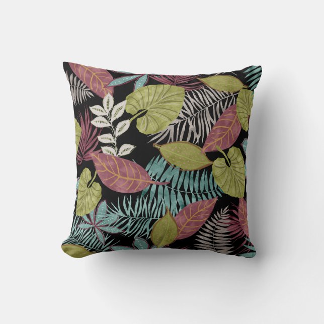 Tropical Dark Leaves: Textile Pattern Design Throw Pillow (Front)