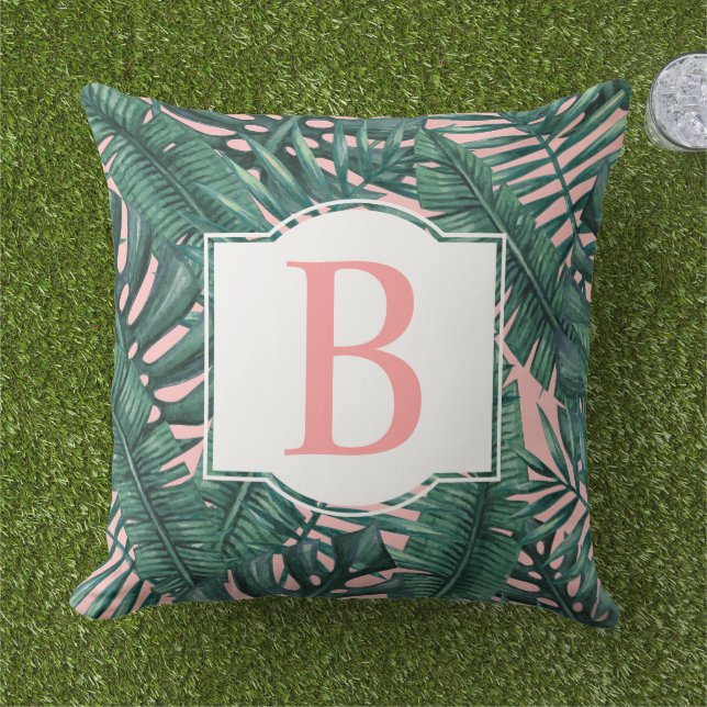 Tropical Dark Palm Leaf Blush Monogram Initial Outdoor Pillow (Grass)