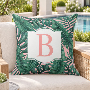 Tropical Dark Palm Leaf Blush Monogram Initial Outdoor Pillow