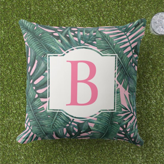 Tropical Dark Palm Leaf Pink Monogram Initial Outdoor Pillow (Grass)