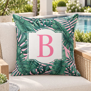 Tropical Dark Palm Leaf Pink Monogram Initial Outdoor Pillow