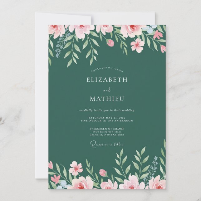 Tropical Dark Teal Leafy Wedding Invitation (Front)