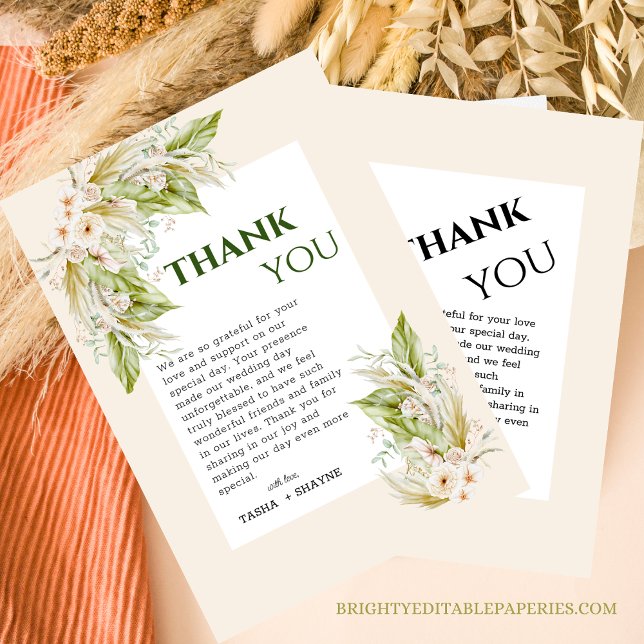 Tropical Delicate Pampas Grass Boho Chic Wedding  Thank You Card (Gratitude in bloom with our delicate pampas grass thank you cards)