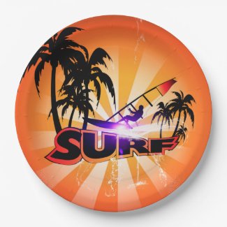 Tropical design, surfboarder with palm 9 inch paper plate