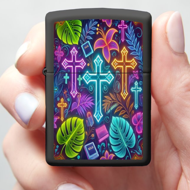 Tropical Design With Crosses and Elements b Zippo Lighter (In Hand)