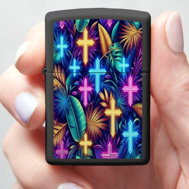 Tropical Design With Glowing Crosses b Zippo Lighter (In Hand)