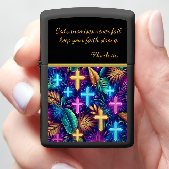 Tropical Design With Glowing Crosses Zippo Lighter (In Hand)