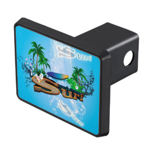 Tropical design with surfboard, palm and flowers trailer hitch cover