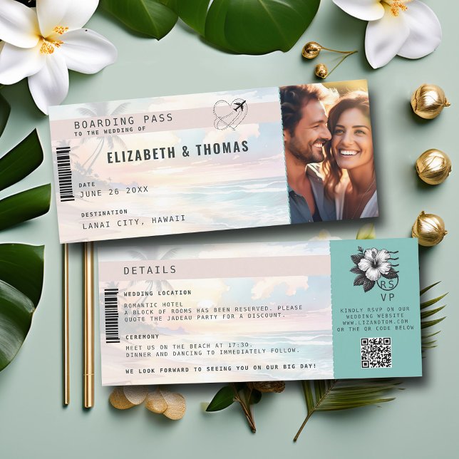 Tropical Destination Airplane Ticket Beach Wedding Invitation (destination wedding tropical beach sunset boarding pass invitation photo template elegant modern)