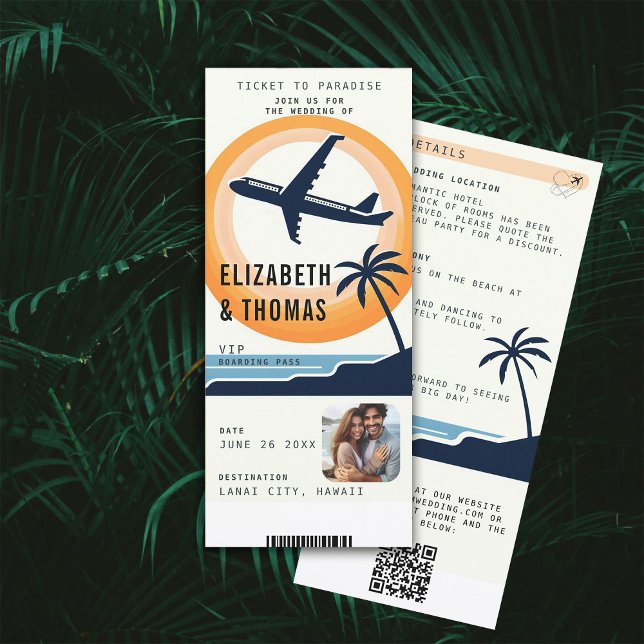 Tropical Destination Boarding Modern Photo Wedding Invitation (tropical beach destination wedding invitation boarding pass qr code all in one watercolor modern)