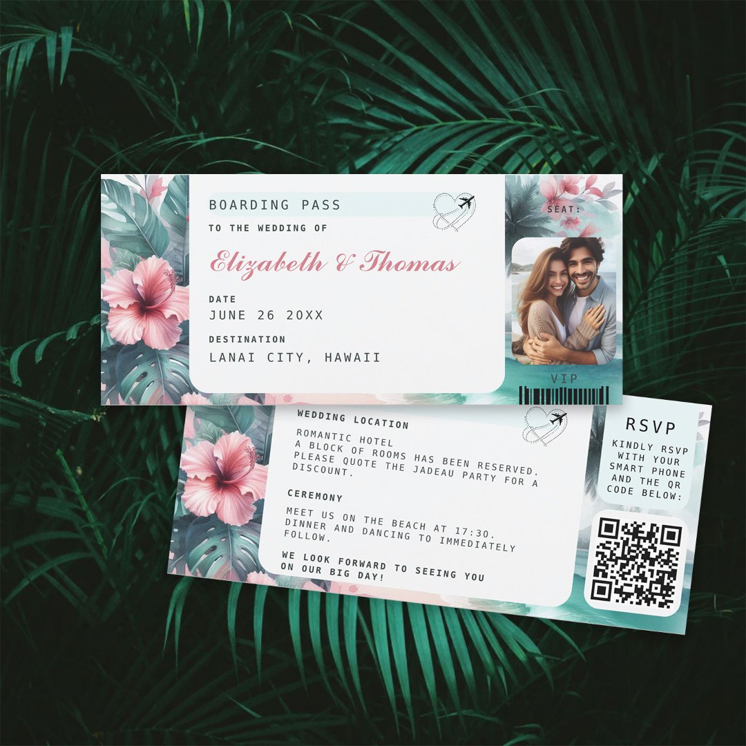 Tropical Destination Boarding Pass Photo Wedding                    Invitation