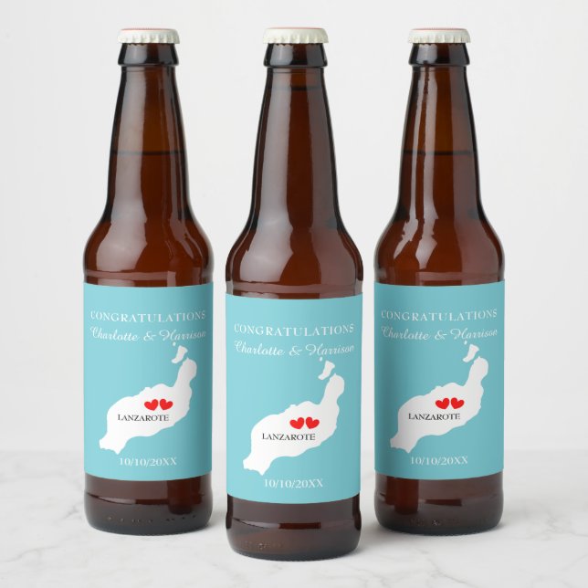 Tropical Destination Lanzarote Spain Beach Wedding Beer Bottle Label (Bottles)