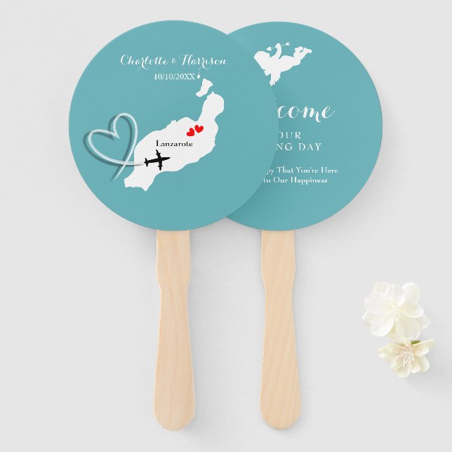 Tropical Destination Lanzarote Spain Beach Wedding Hand Fan (Front and Back)