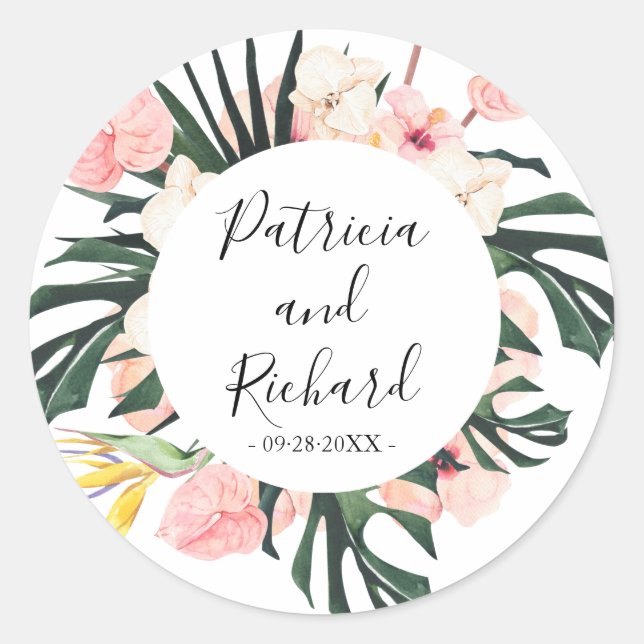 Tropical Destination Wedding Classic Round Sticker (Front)