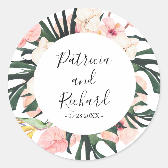Tropical Destination Wedding Classic Round Sticker (Front)