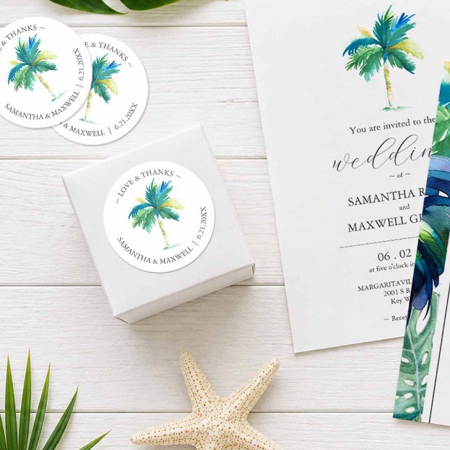 Tropical Destination Wedding Favor Stickers (Wedding favor stickers for tropical destination weddings with palm tree art)