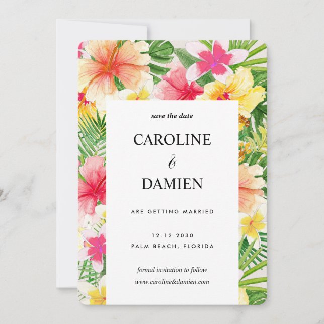 Tropical Destination Wedding Floral Save The Date Invitation (Front)