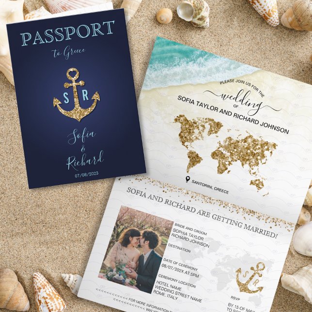 Tropical Destination Wedding Passport Map Anchor Invitation (Creator Uploaded)