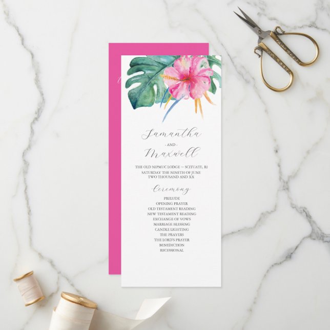 Tropical Destination Wedding Programs Pink Flowers (Front/Back In Situ)