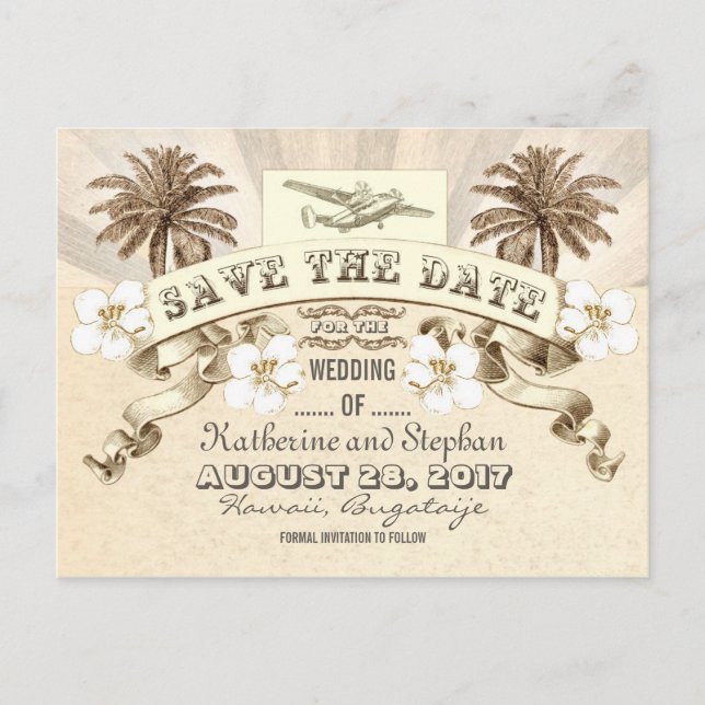 tropical destination wedding save the date announcement postcard (Front)