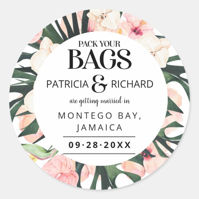 Tropical Destination Wedding Save The Date Classic Round Sticker (Front)